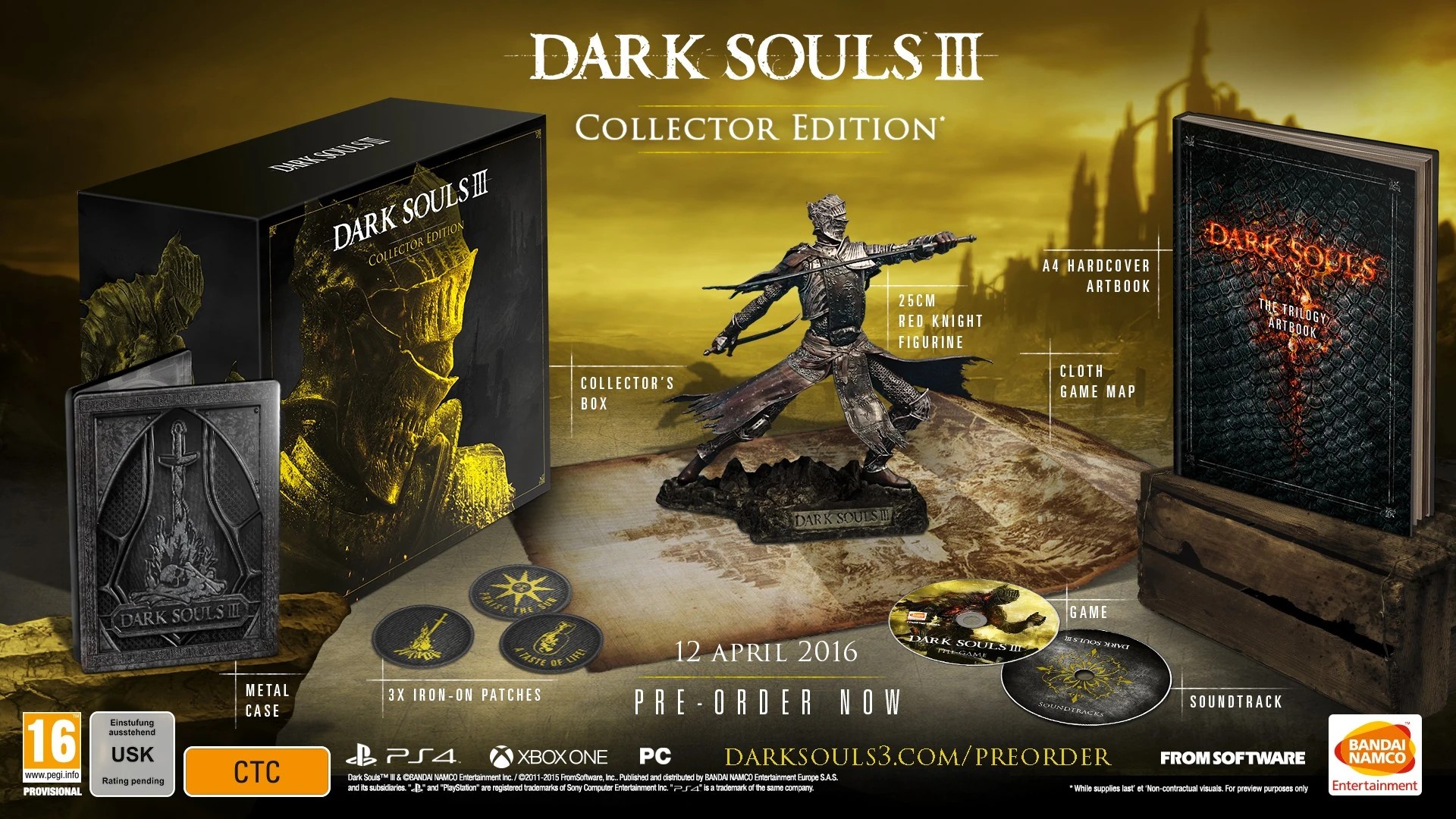 <em>Collector Edition</em> включает <em>Apocalypse Edition</em>, а также: Фигурка <em>Red Knight</em>, Книга "<em>DARK SOULS Trilogy hardcover artbook"</em>, 3 нашивки, Матерчатая игровая карта, Эксклюзивная коробка